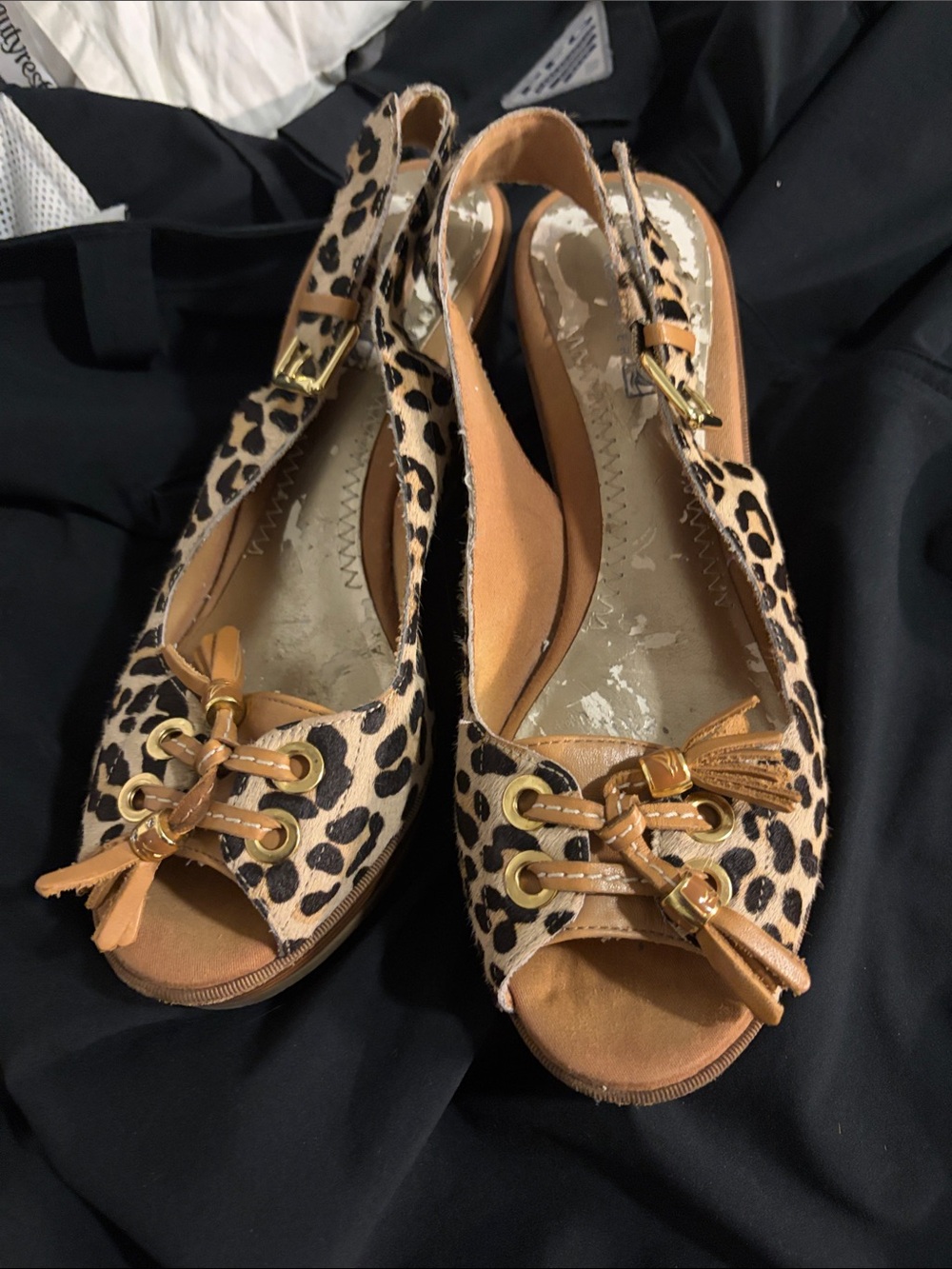 Sperry Leopard Print Slingback Peep-Toe Mules with Tan Accents